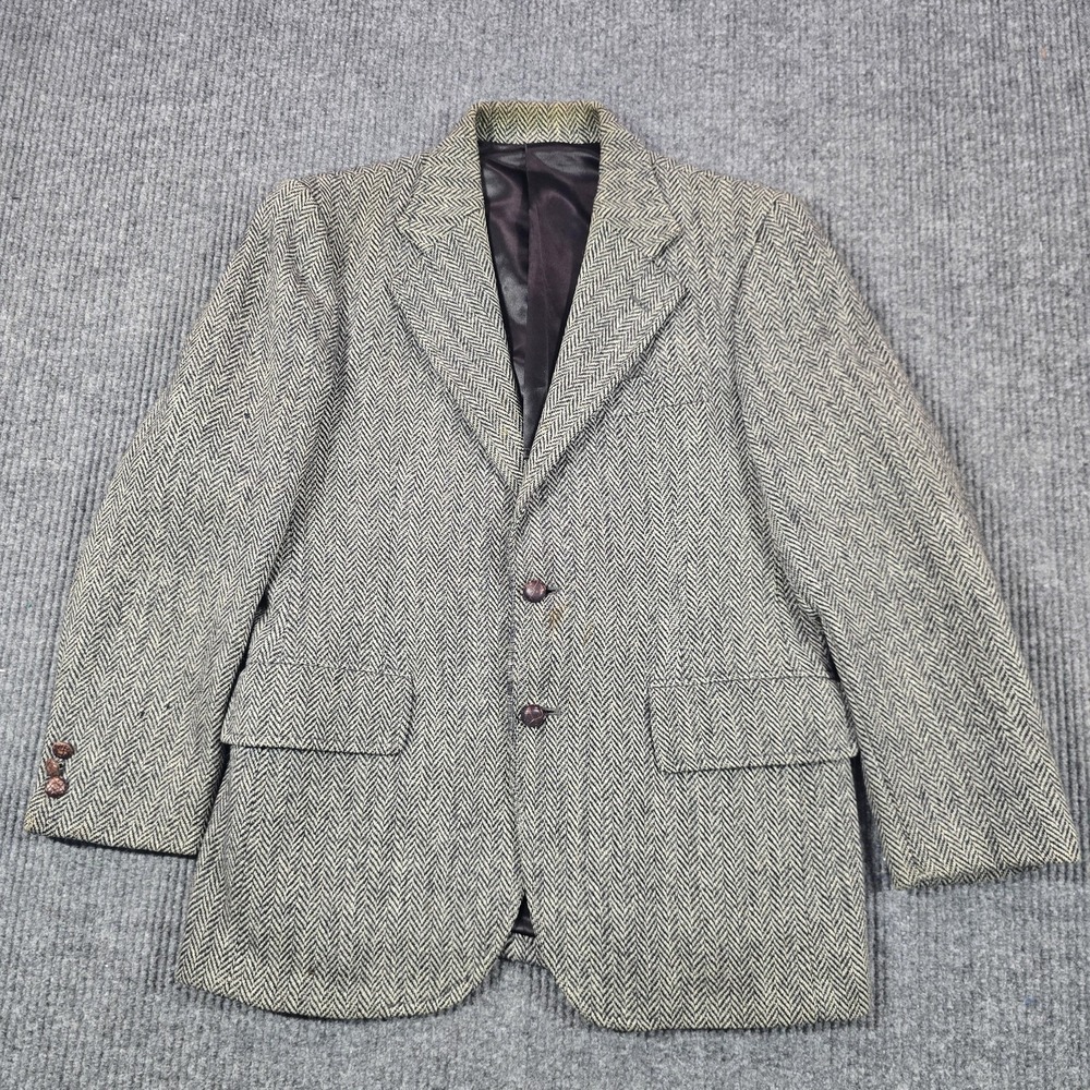Vintage Harris Tweed Blazer Mens 36 Gray Wool Herringbone Tweed Single-Breasted